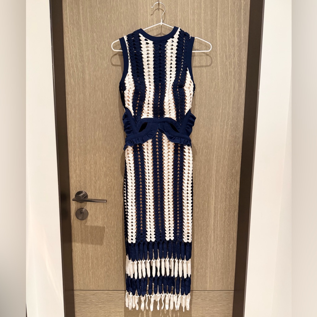 Self-Portrait Navy And White Crochet Fringe Maxi Dress